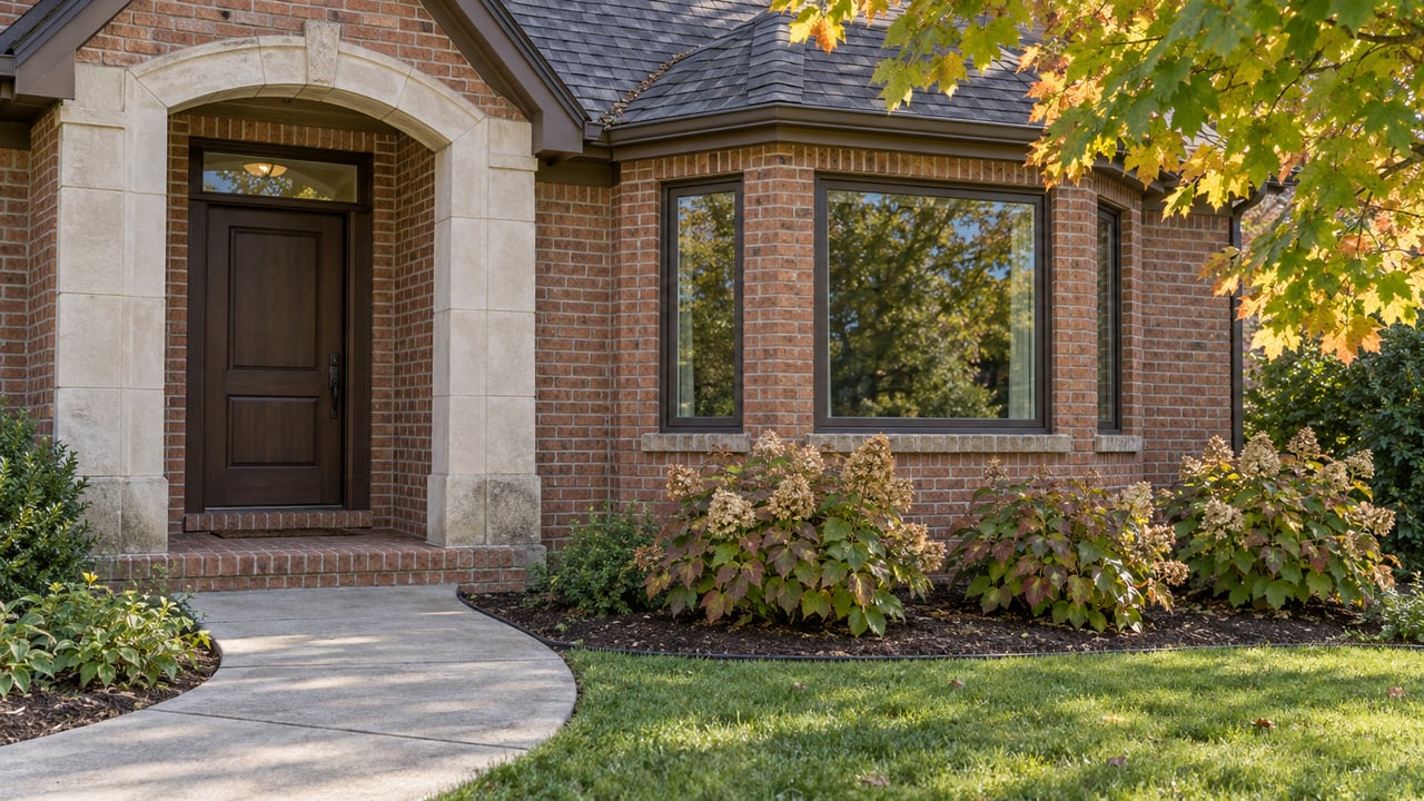 Red-brown brick home with a limestone-framed entry, dark window frames, a curved concrete walk and oakleaf hydrangeas in early-autumn light.