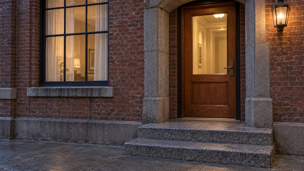 Warmly lit oak-and-glass condominium entrance set into weathered red brick, beside a tall window and above broad granite steps.