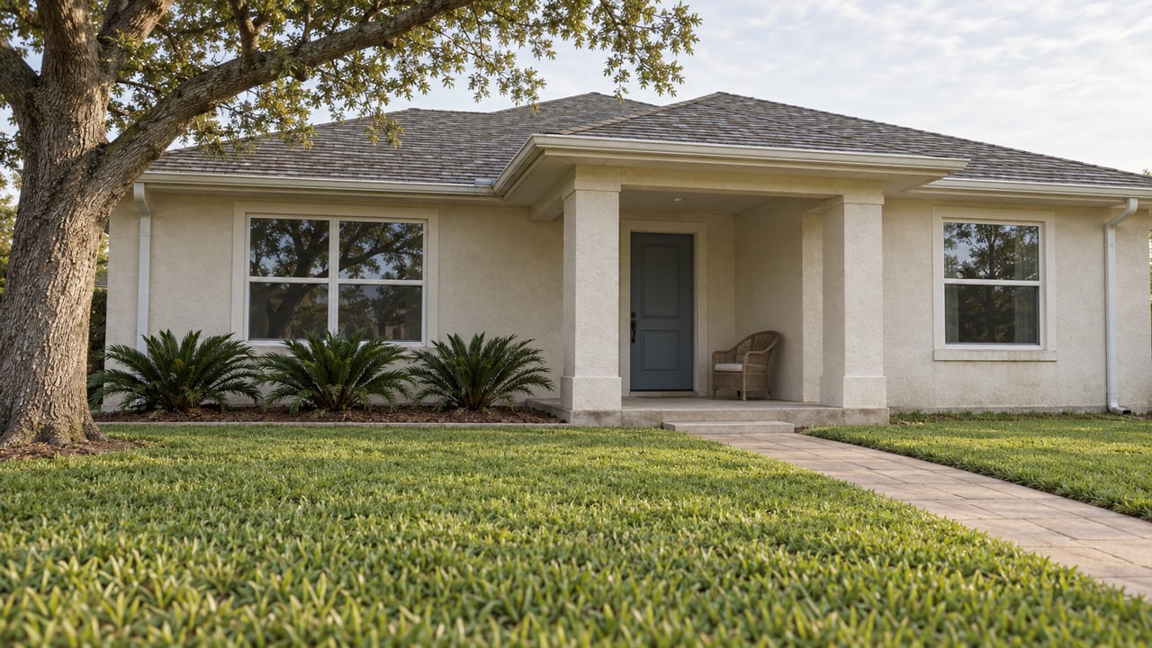 An ivory stucco home with a gray hip roof, shaded entry porch and broad front lawn beneath a spreading live oak.