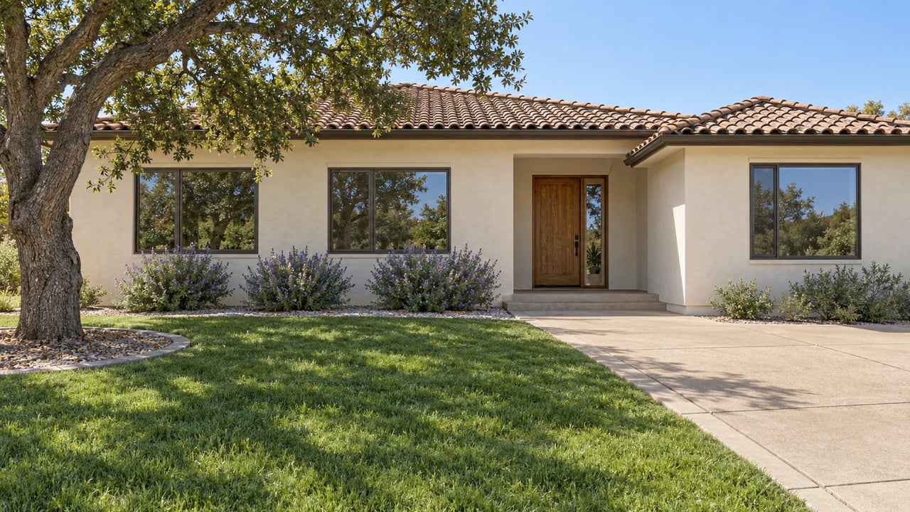 Single-story stucco home with terracotta roof tiles, a deep green front lawn, a mature oak and a recessed wood entry.