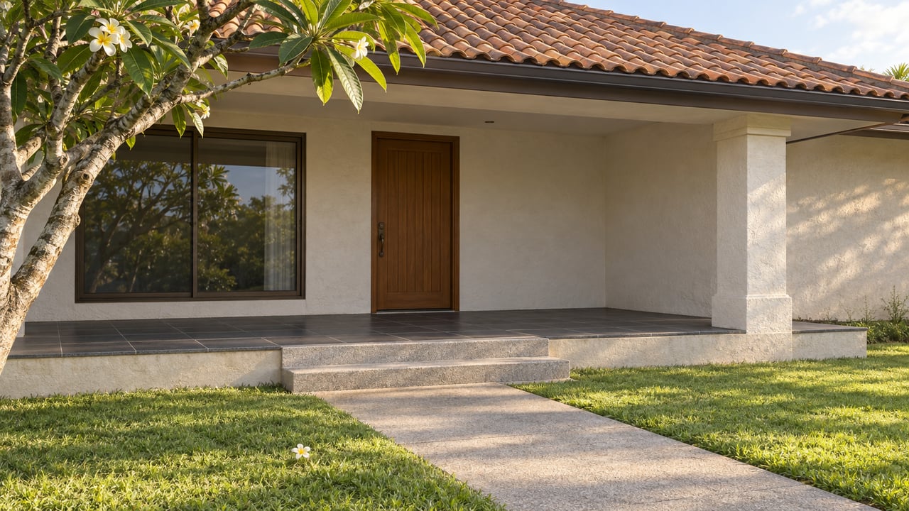 Terracotta-roofed home with pale stucco, a shaded basalt-tiled entry porch, and a flowering plumeria beside a sunlit lawn.
