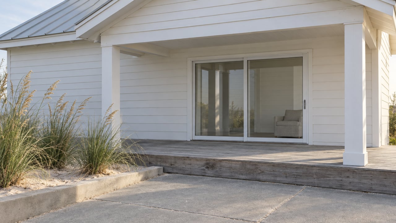 White clapboard home with a covered timber porch, closed sliding glass doors and sea oats beside a concrete approach.