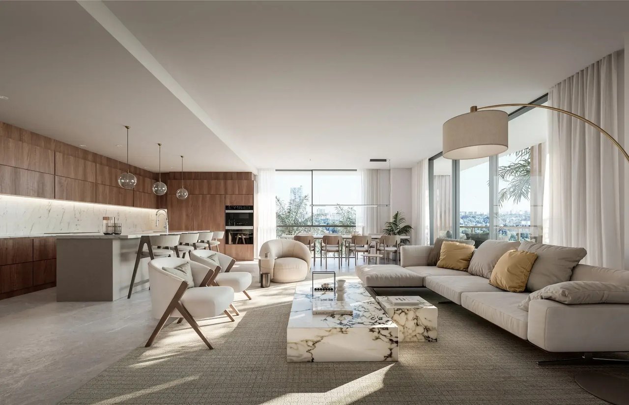 The Lincoln residence living room rendering in Coconut Grove, Miami.