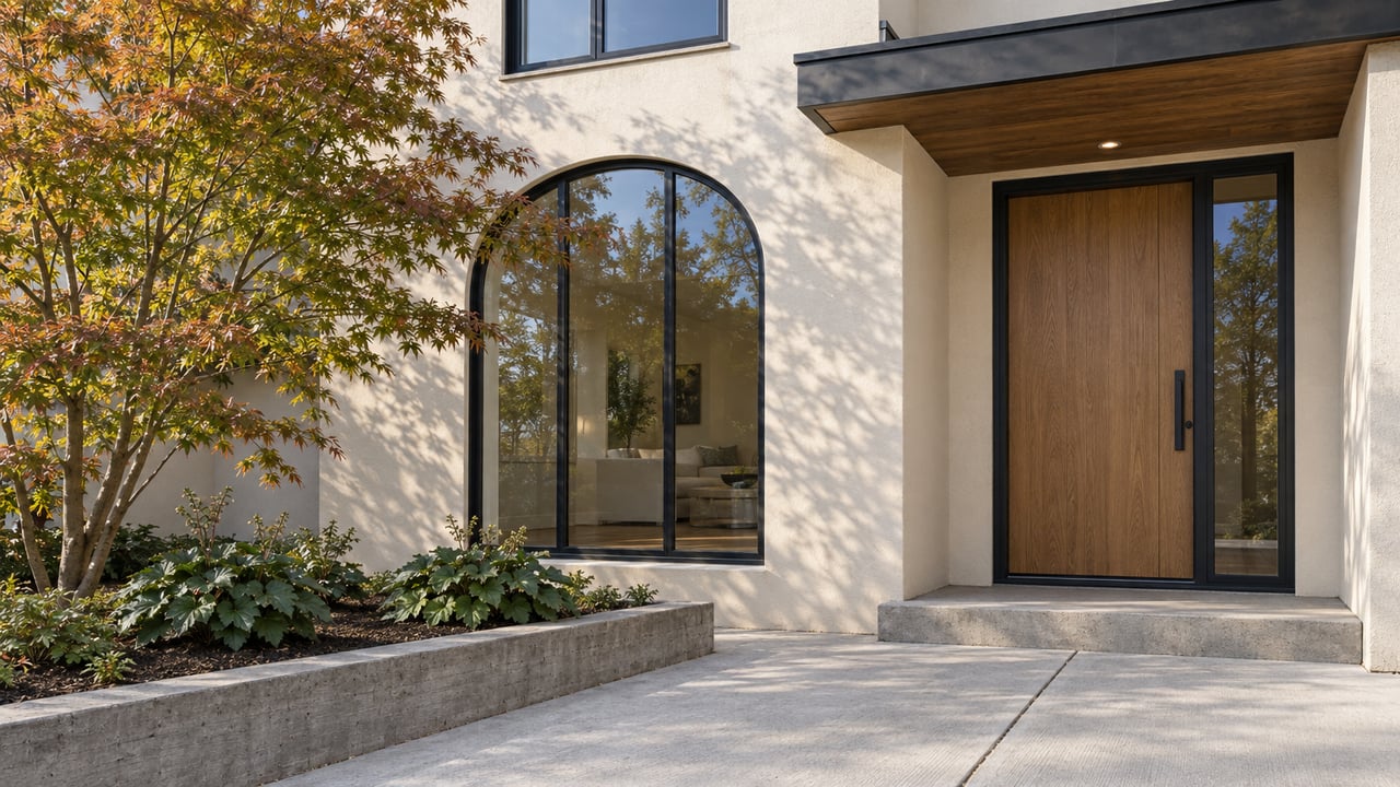 Morning light on a cream stucco residence with an oak entry door, arched black-framed window and a Japanese maple in a raised concrete planting bed.