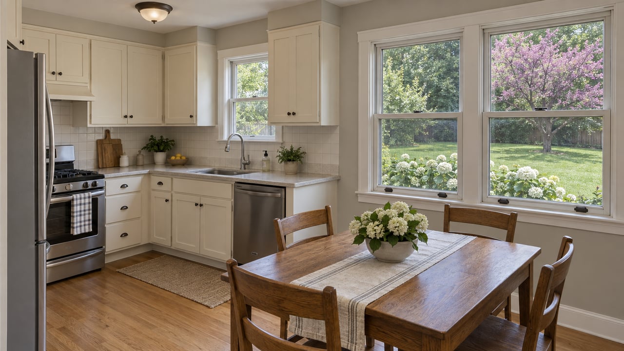 Cream shaker kitchen beside a small dining table, with two windows overlooking a green yard and flowering shrubs.