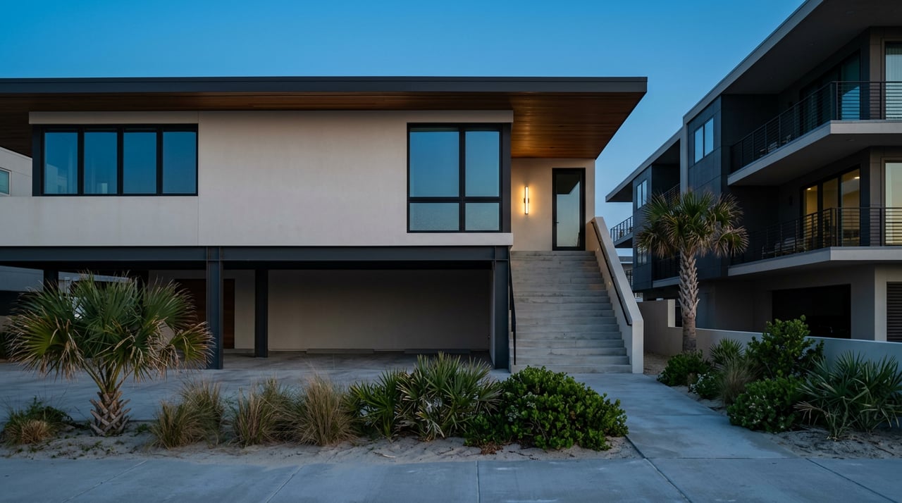 Modern elevated single-family home beside the edge of a condo building, with dune plantings along the street.