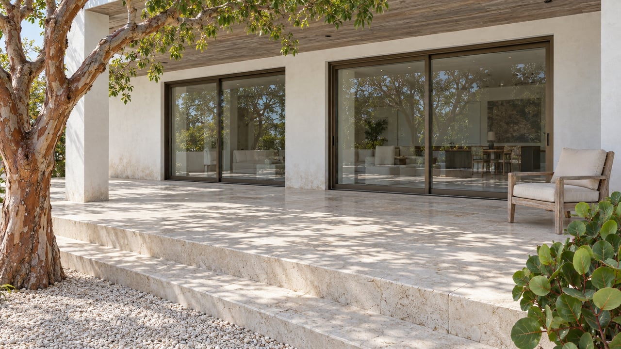 A sunlit villa terrace with cream limestone steps, closed bronze-framed glass doors, a weathered teak lounge chair and sculptural coastal planting.