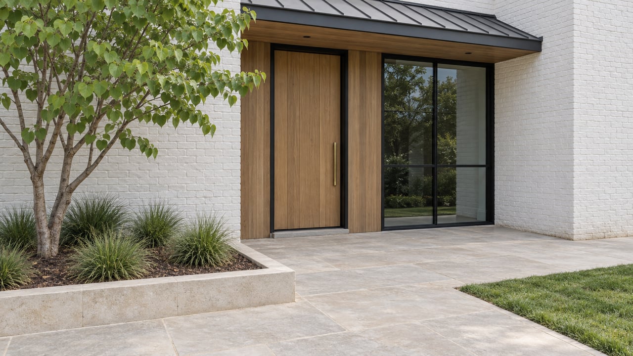 White brick home entry with a warm wood door, black-framed window, limestone approach, and a redbud in a raised planting bed.