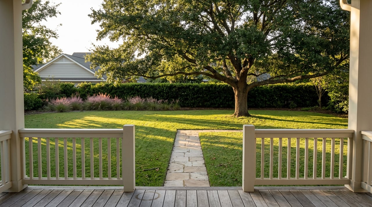 Backyard lawn with a stone path, broad shade tree, clipped hedge, and pink ornamental grass catching the sun.