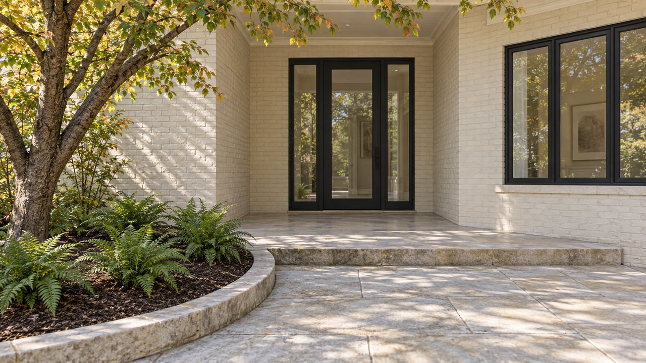 Cream-painted brick entry with black-framed glass, a pale limestone approach, and autumn cherry foliage beside an edged fern bed.