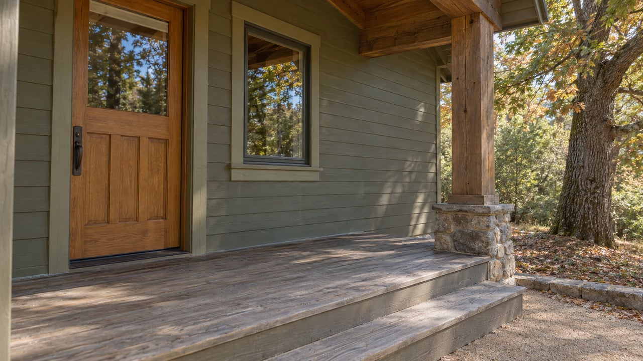 A weathered timber porch with olive wood siding, a closed wooden entry door and an oak beside a stone-bordered landing.