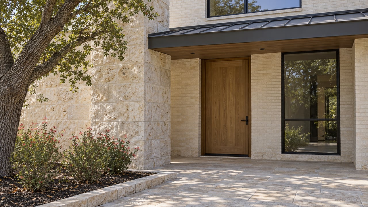 Pale limestone and cream-brick home entry with a natural oak door, black-framed windows and a planted bed beside a stone walkway.
