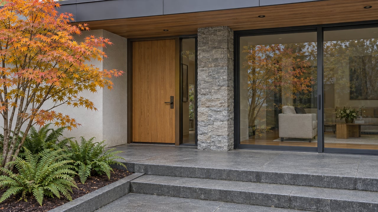 Covered contemporary home entry with an oak door, basalt steps, closed glazing and an amber-leaved vine maple.