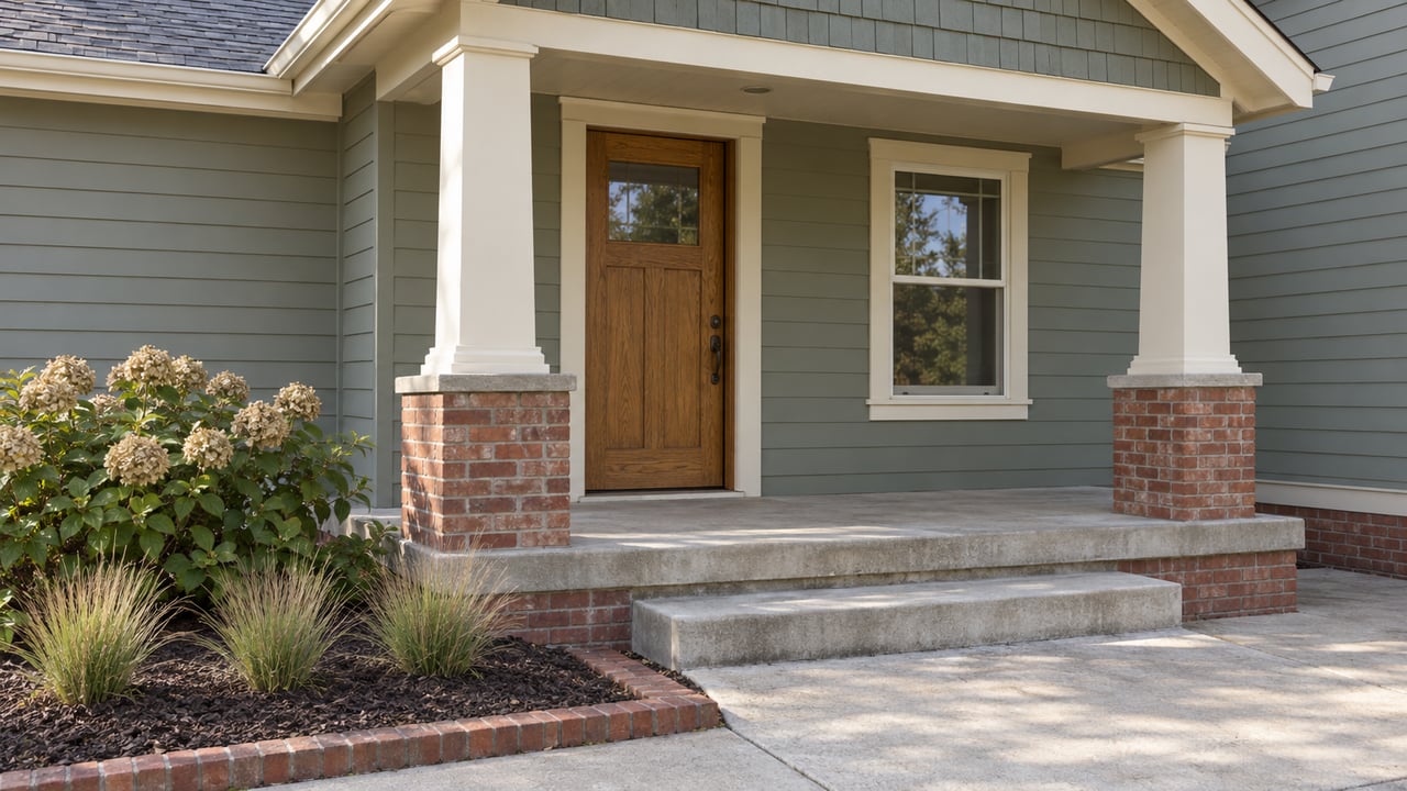 Covered front porch with gray-green siding, cream columns on brick bases, an oak door, and a planted bed beside concrete steps.