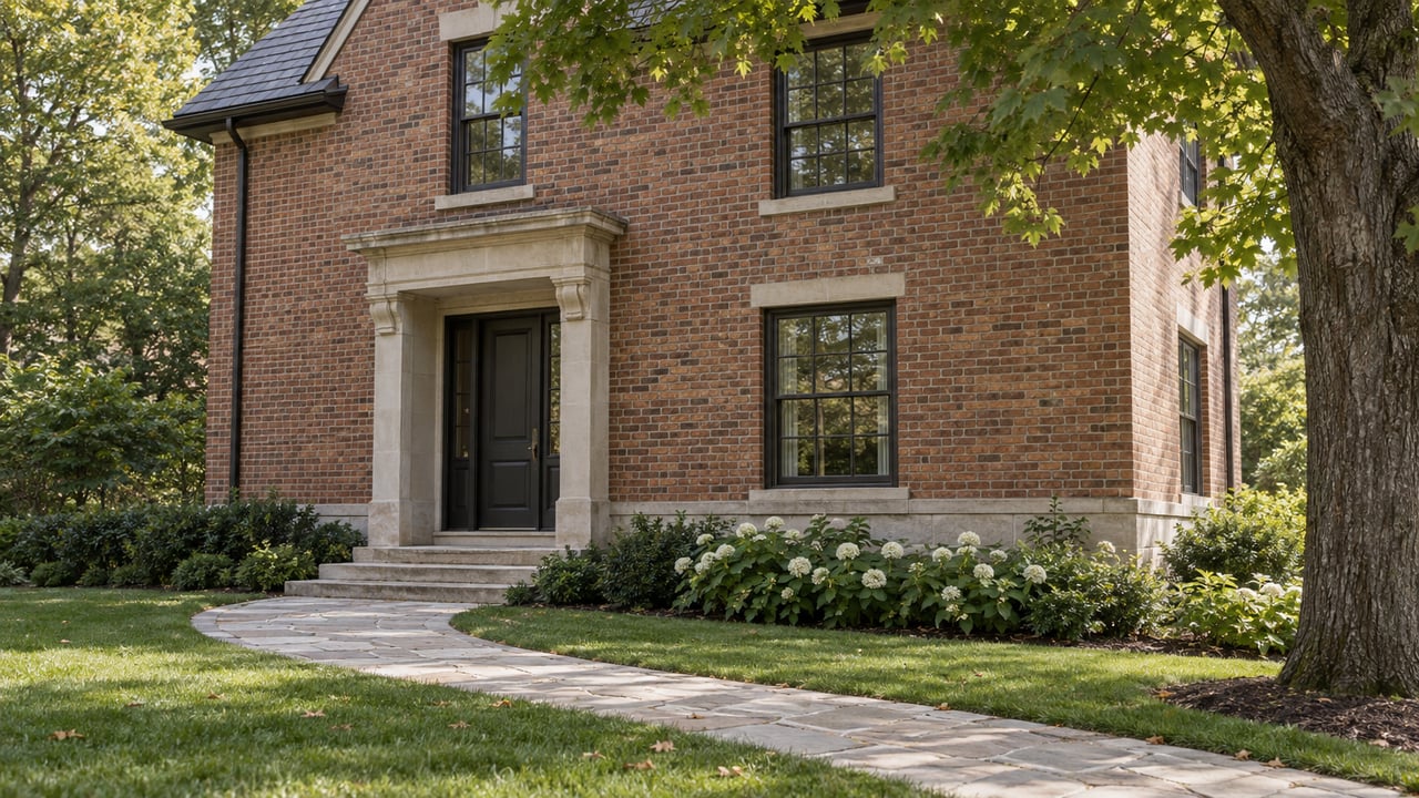 Brick house with a dark front door, divided-light windows, and a maple beside its lawn and curving paver path.
