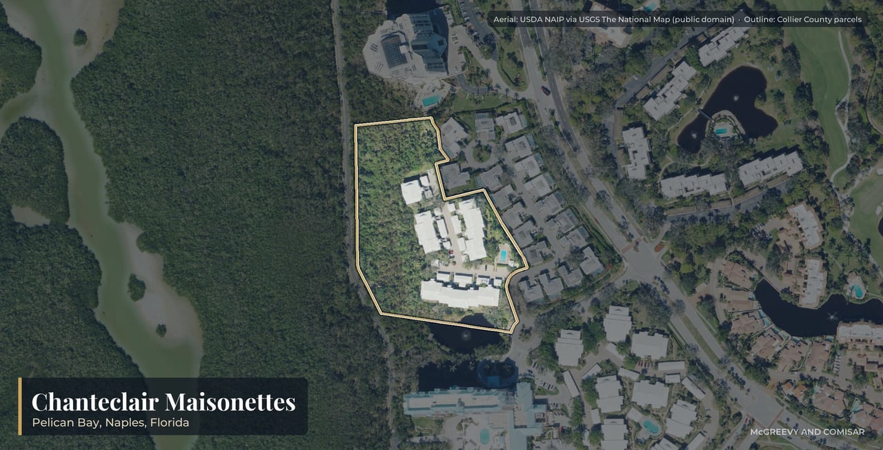 Aerial view of Chanteclair Maisonettes at Pelican Bay, Naples, Florida, with its parcels outlined