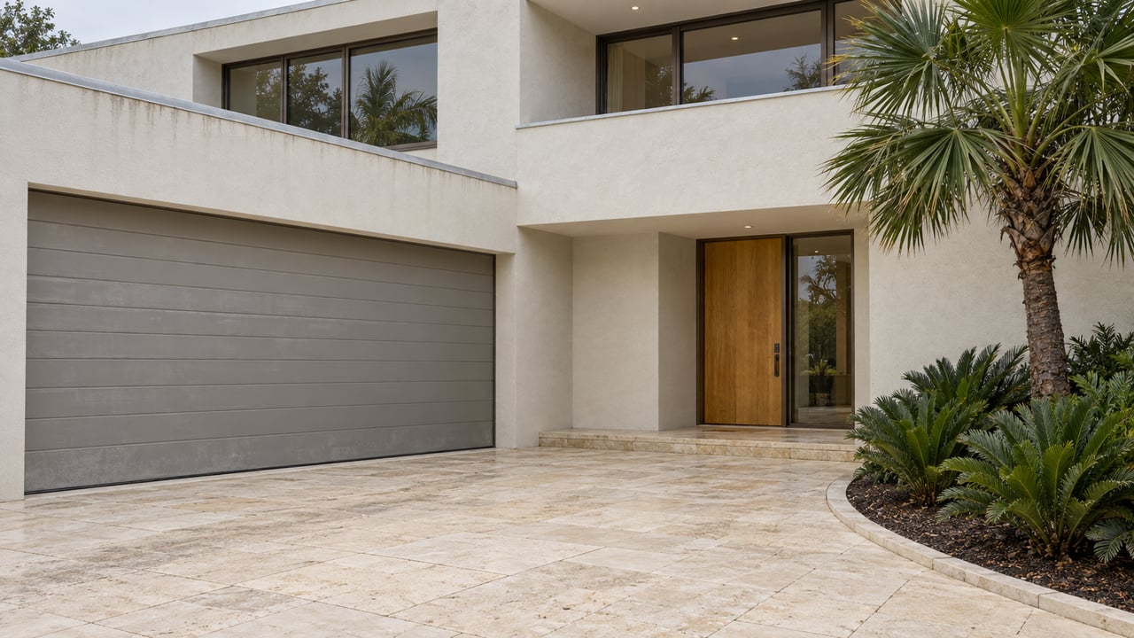 Pale stucco home with a recessed timber entrance, bronze-framed windows and a limestone driveway beside a fan palm and coontie planting.