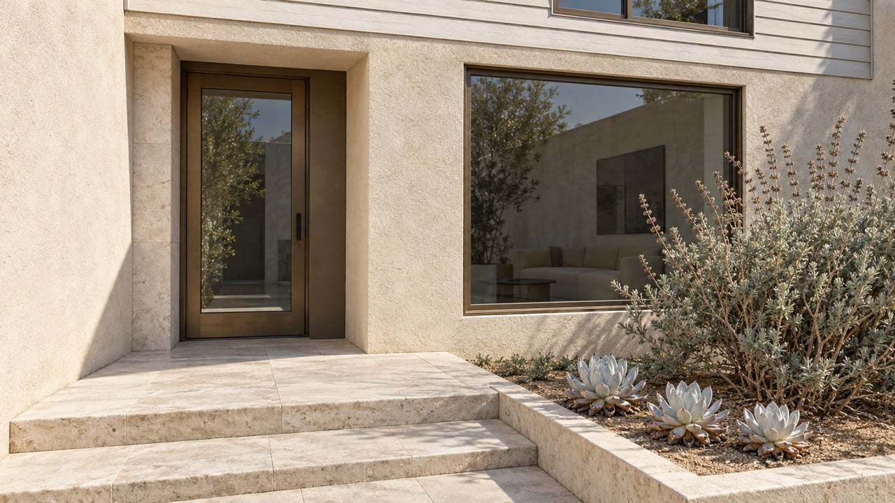 Close exterior of a stucco and light-sided home with bronze-framed glazing, limestone entry steps and a planted bed of Cleveland sage and chalk dudleya.