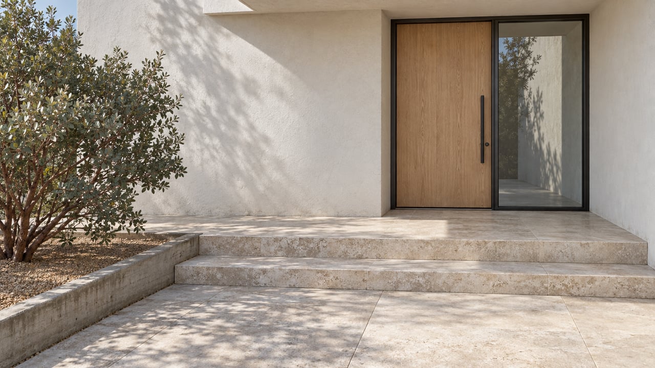 White stucco home entry with a pale oak door, limestone steps and a sculptural manzanita in a recessed planting bed.