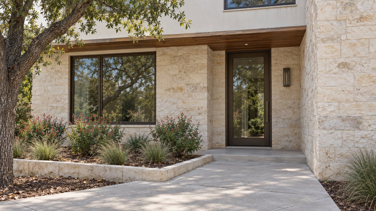 Limestone and pale stucco home entry with bronze-framed glass, timber soffit and a concrete approach beside native flowering shrubs and grasses.