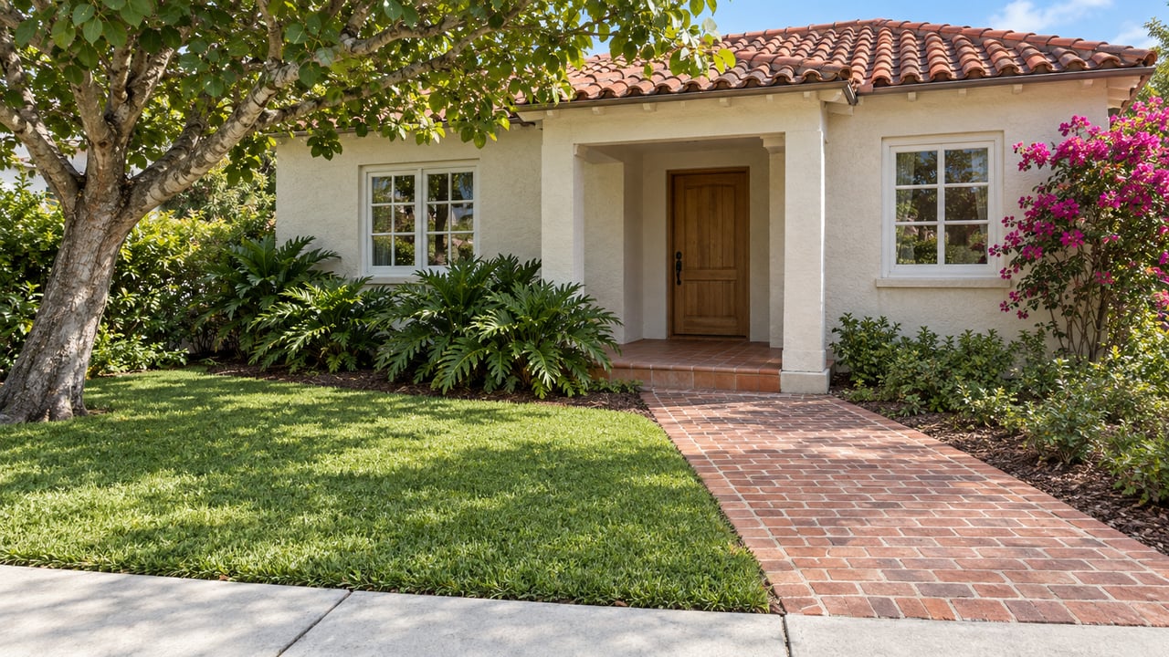 Ivory stucco home with a red clay tile roof, recessed wood entry door, brick approach and established tropical garden.