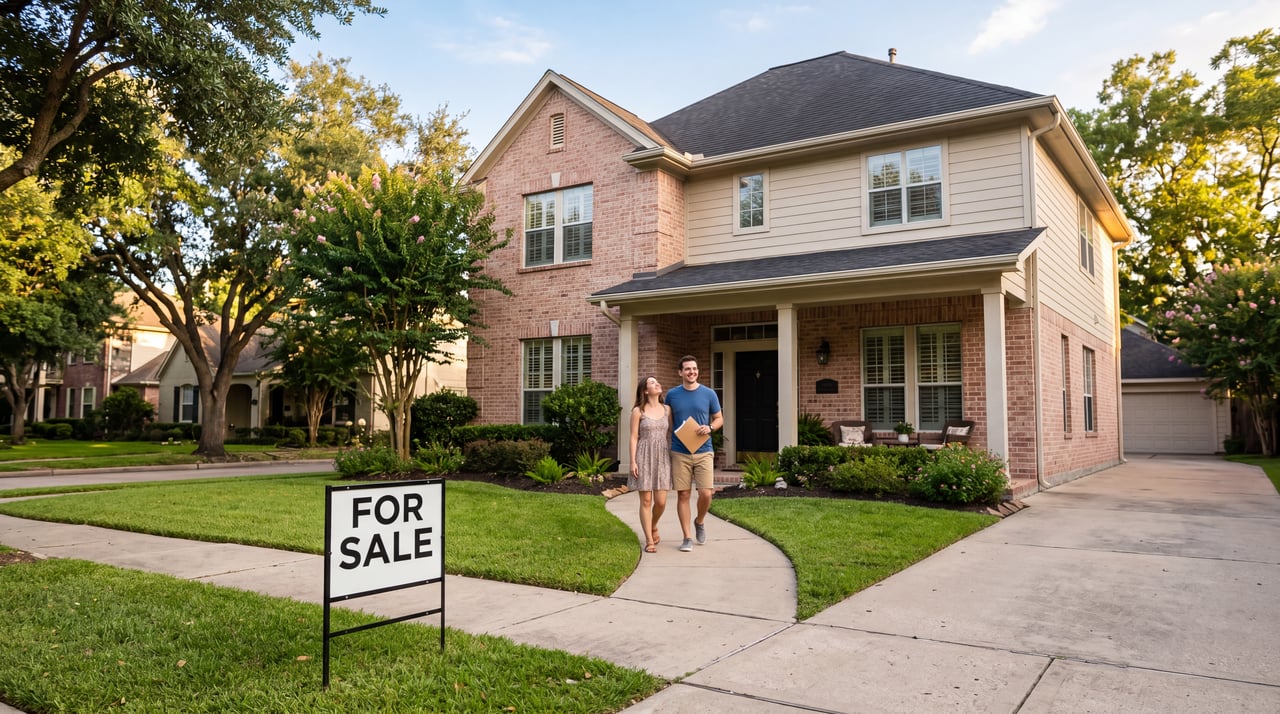 Two-story brick Houston home with a For Sale sign and two people walking up the front sidewalk in summer