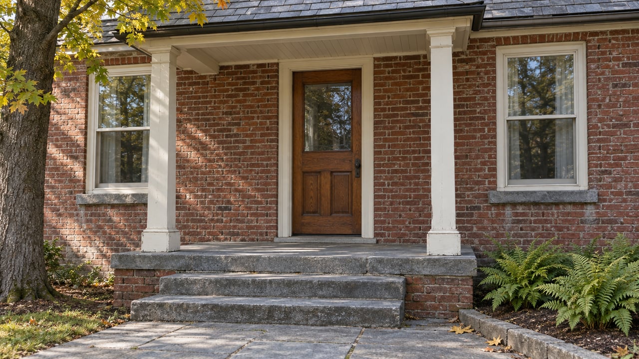 Historic red-brick home's covered entry with cream trim, oak door, worn bluestone steps and golden maple branches.