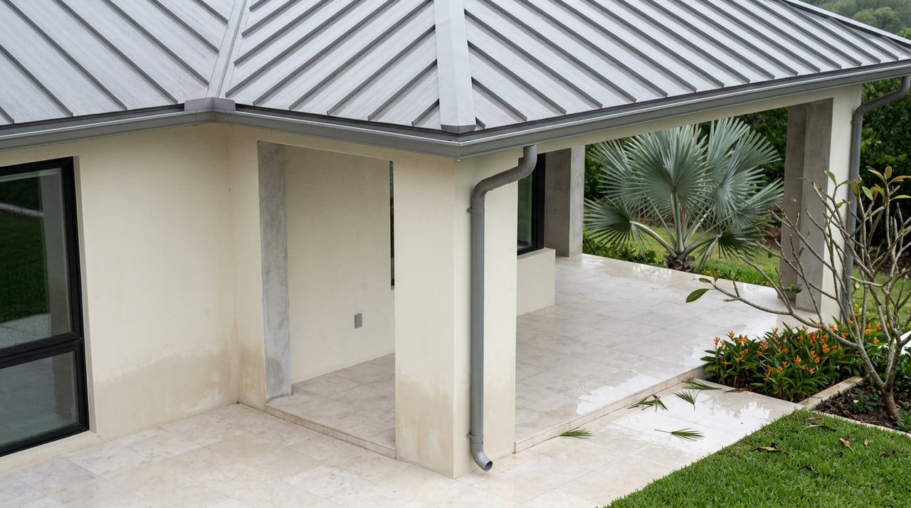 Wet stucco house corner, pewter roof and downspout, concrete columns, tiled terrace, and silver-blue palm.