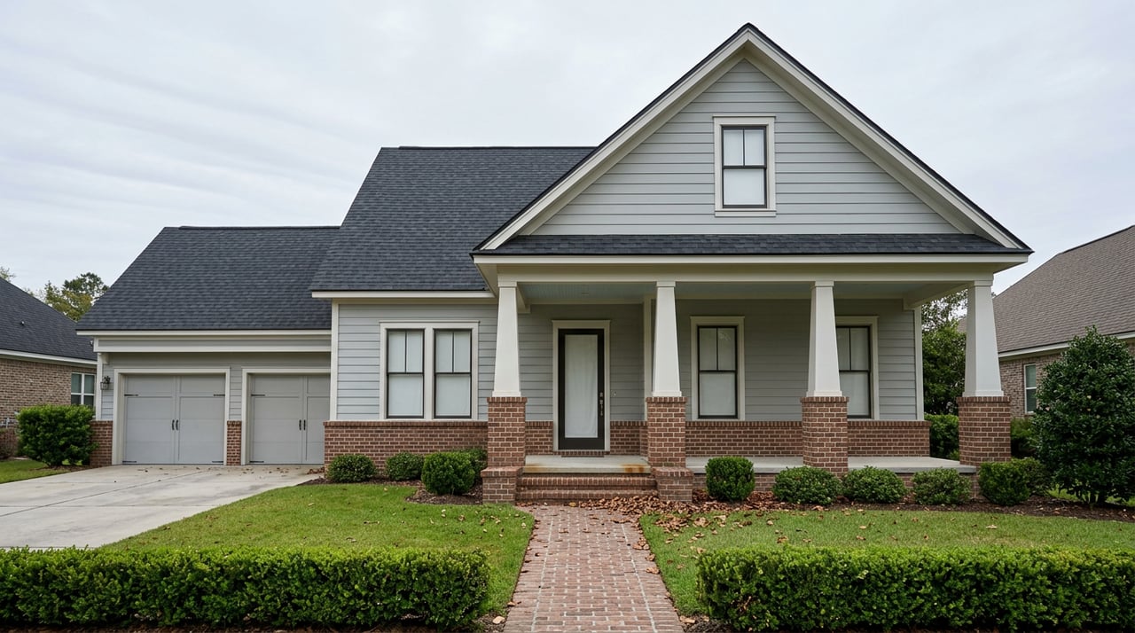 Brick-and-siding suburban home with a columned porch, recessed garage, broad oak, and clipped hedges.