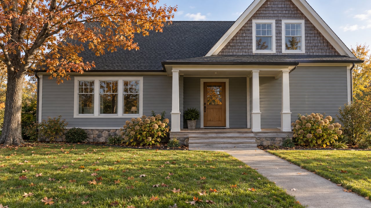 Gray gabled home with a shallow wood porch, fieldstone foundation, deep autumn lawn and a copper-leaved maple.