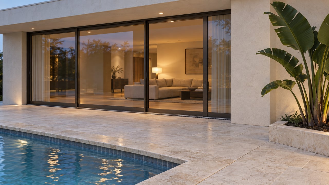 Modern home with glass sliding doors, a stone pool patio, and tropical plants at dusk.