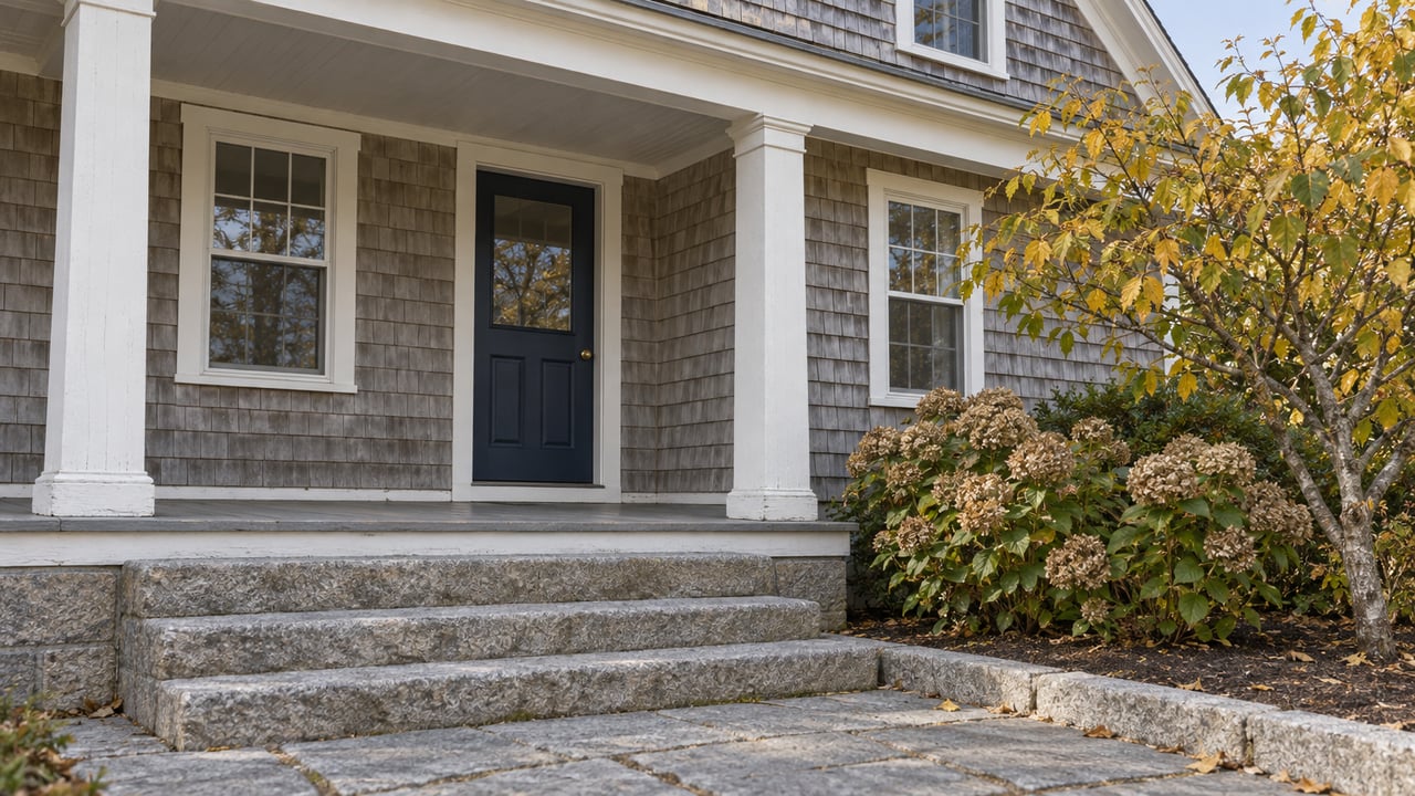 Weathered cedar-shingle home with a sheltered navy entry door, white porch columns, granite steps and yellowing witch-hazel.