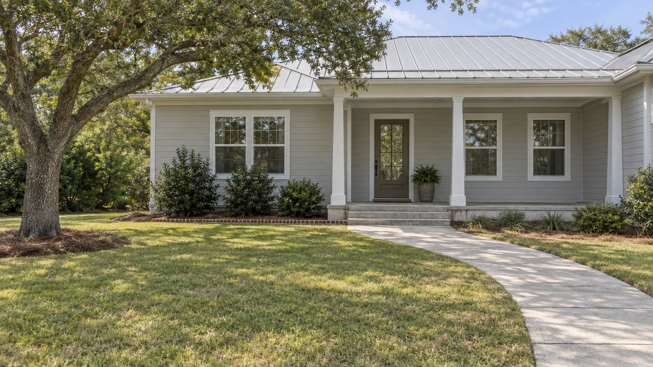 Pale-sided single-story home with a silver metal roof, covered porch, deep lawn, and a mature spreading oak.