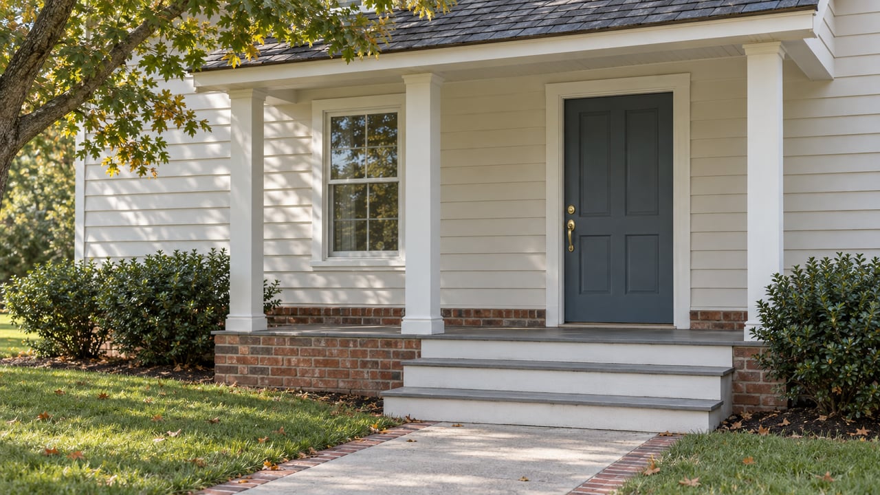 Detached house with a blue-gray front door, brick foundation, porch steps, and lawn beneath an oak canopy.