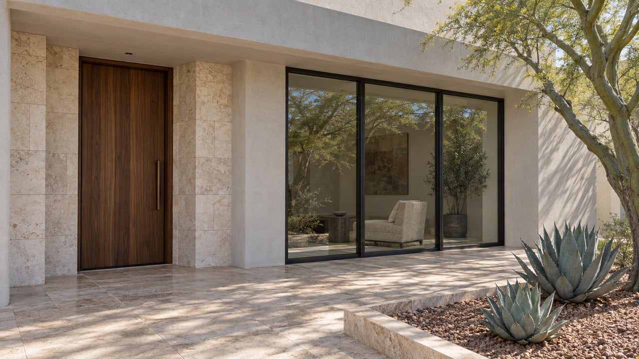 Modern home entrance with a tall wood door, stone facade, glass doors, and agave landscaping.