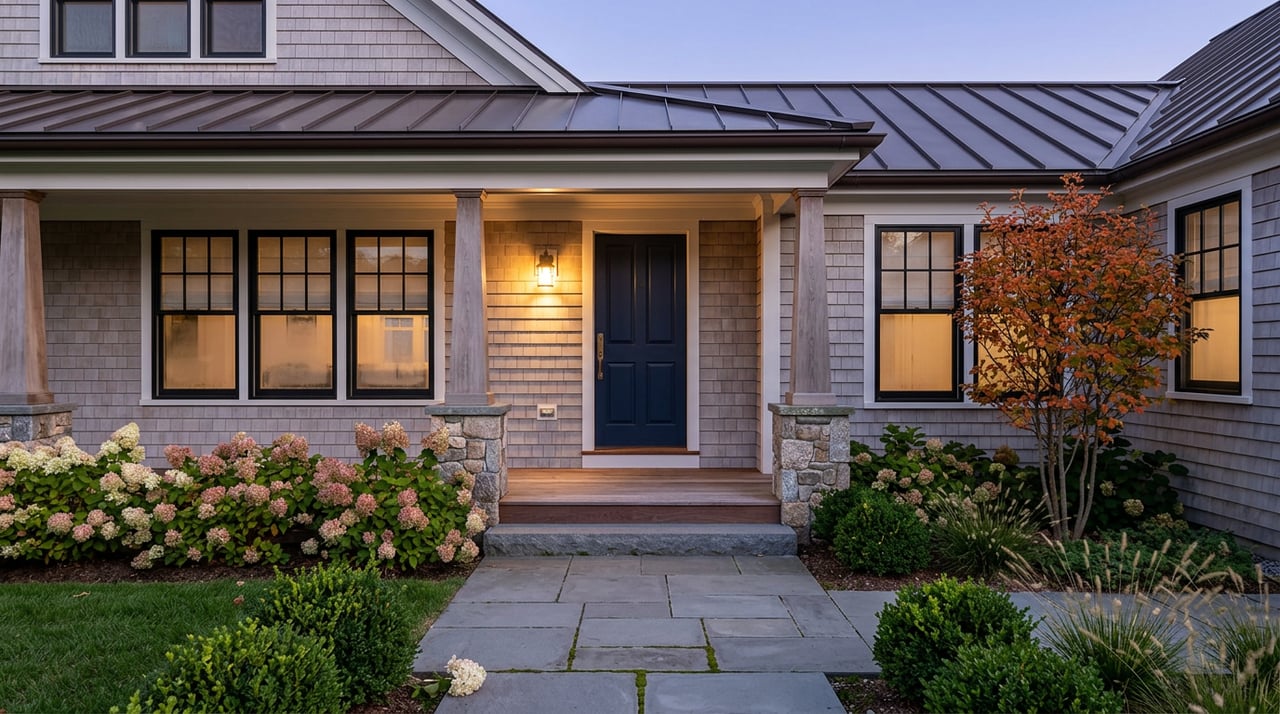 Shingle coastal home entry with a navy door, glowing brass sconce, stone path, and autumn-colored tree at dusk.