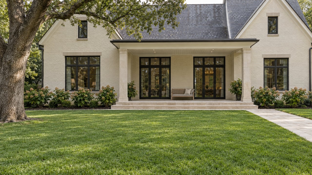 A cream painted-brick home with steep slate gables, a covered limestone terrace and closed glazed doors beyond a broad lawn beneath a mature live oak.