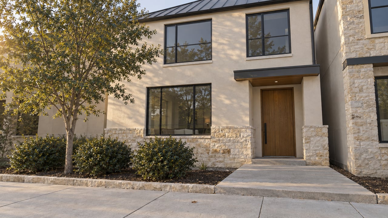 Two-story stucco home with dark roof, oak front door, limestone base, and young oak beside the sidewalk.