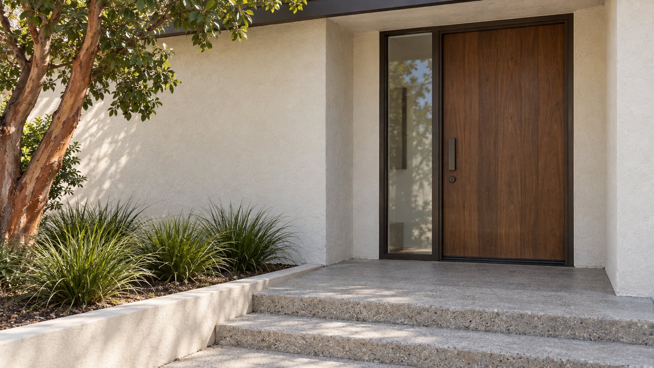 Walnut front door with a bronze frame, glass sidelight, concrete steps, and a small stucco-bordered planting bed.