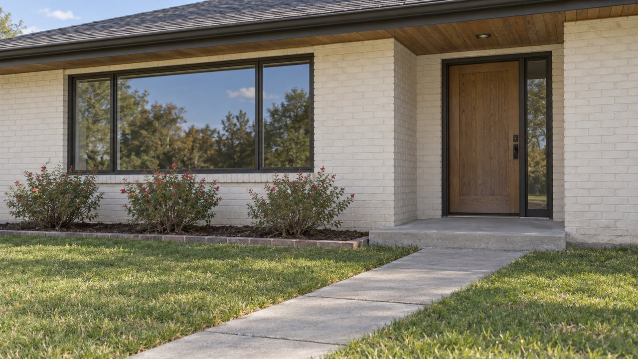Warm white brick home with a recessed oak entrance, dark-framed picture window, concrete approach, and established front lawn.