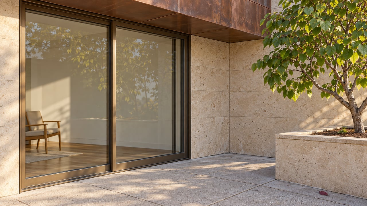 Morning light across a limestone condominium terrace, bronze-framed glass doors and a redbud in a raised stone planter.