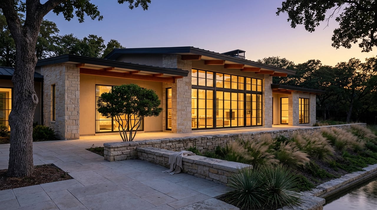 Stone-and-glass lake house glows at dusk above a planted slope and narrow strip of water.