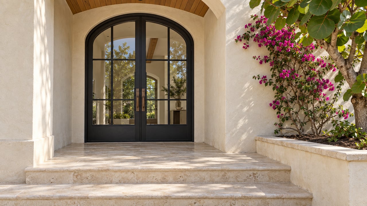 Sunlit stucco entry with arched black steel double doors, worn limestone steps, sea grape leaves and magenta bougainvillea.