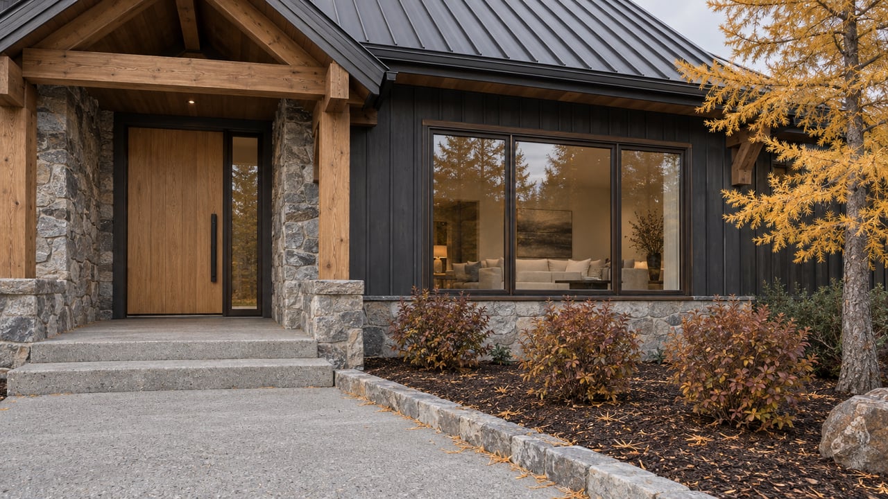 Timber-gabled home with charcoal siding, a stone entry, broad picture window and golden larch beside a concrete approach.