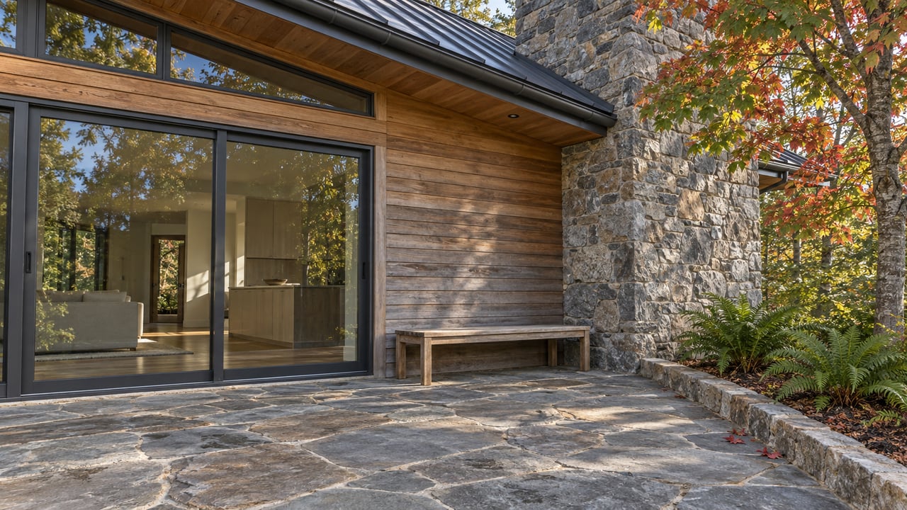 Morning light across a stone terrace beside a cedar-clad home with closed glass doors, a stone chimney, and autumn red maple foliage.