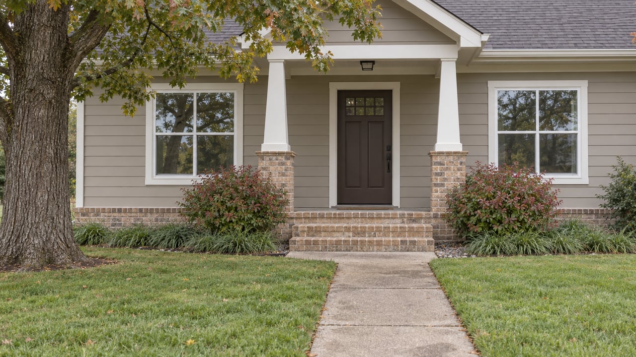 Detached greige house with a dark front door, brick steps, broad lawn, and mature oak tree.