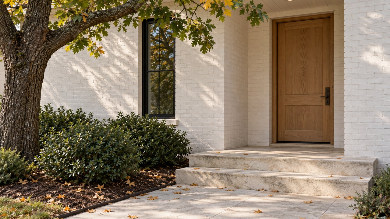 Recessed oak front door in off-white brick, with limestone steps and fallen leaves beneath an oak bough.