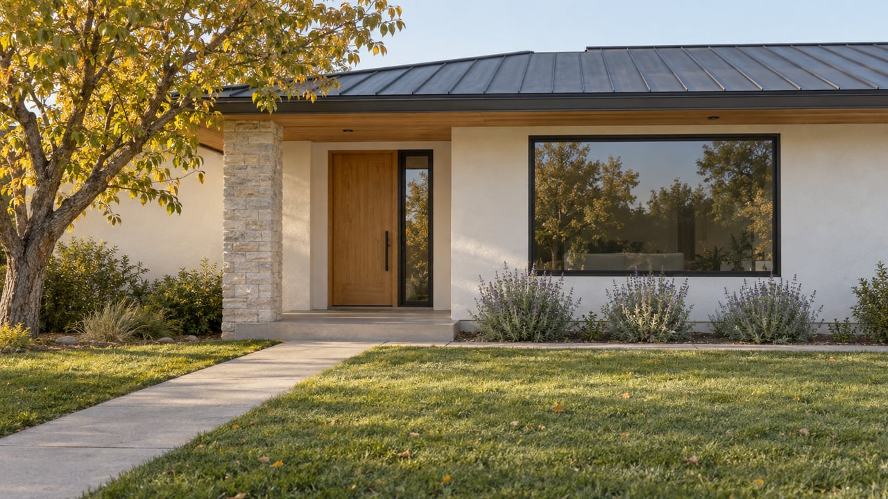 Single-story stucco home with wood soffits, a stone porch pier, broad front lawn, and a concrete approach in late-afternoon light.