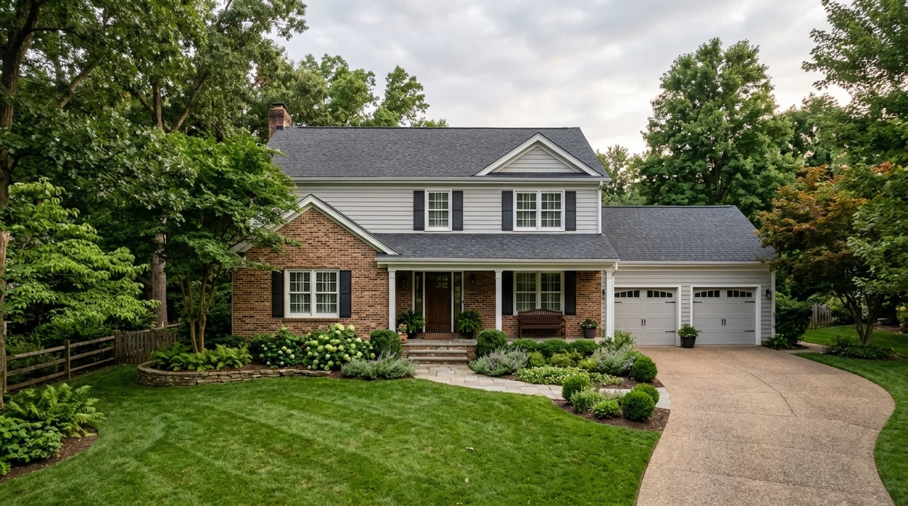 Two-story brick-and-clapboard house with dormers, a bay window, and a straight walk through the front lawn.