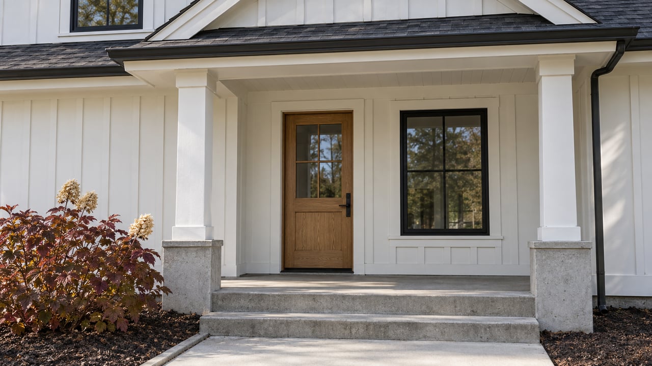 White board-and-batten home with a covered oak entry, black divided-light windows, concrete steps and burgundy oakleaf hydrangea.